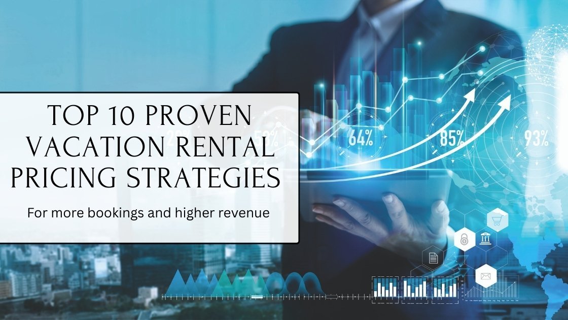 Top 10 proven vacation rental pricing strategies banner with business growth chart, data analytics, and revenue increase concept.